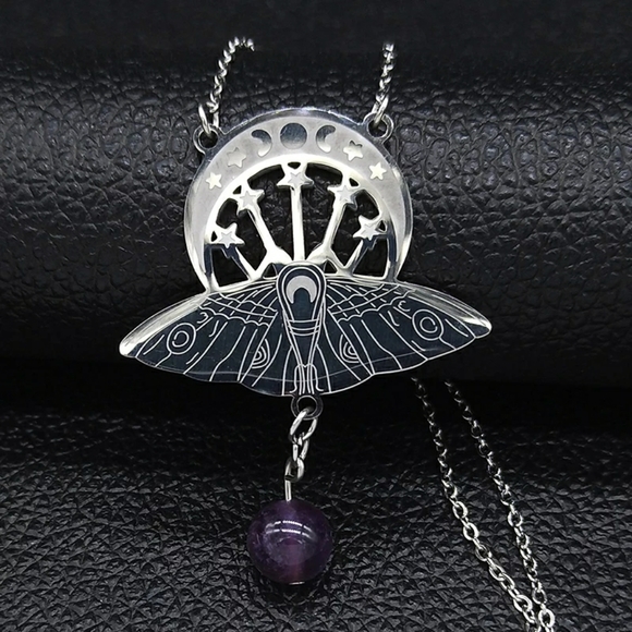 Witchcraft Crescent & Moth Pendant Necklace - Picture 3 of 16